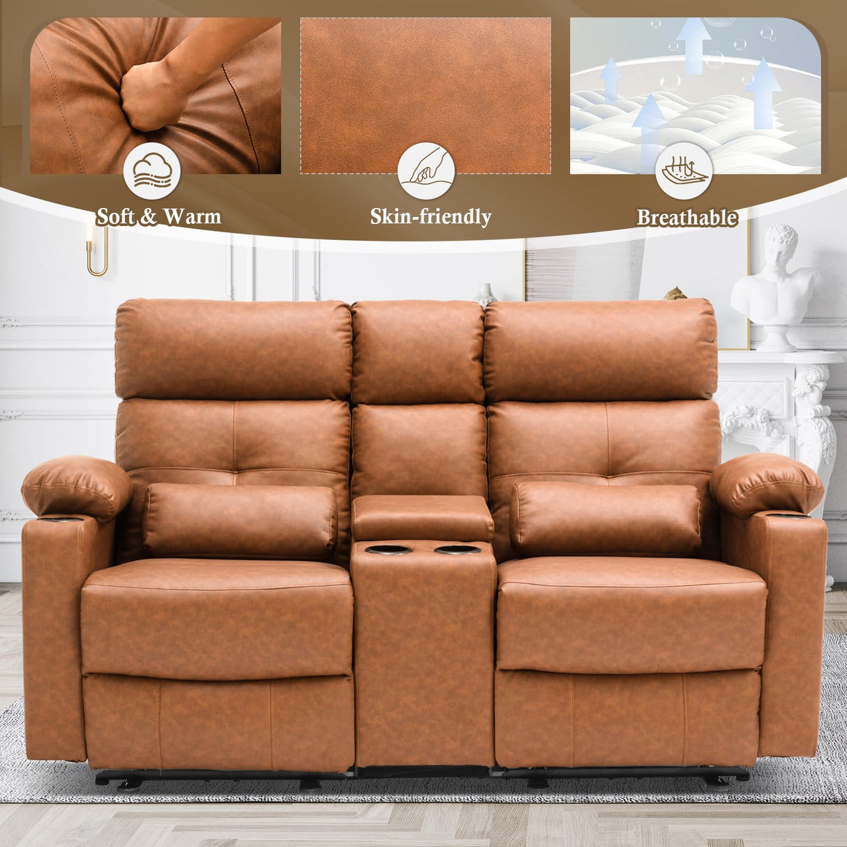 PALLOME Power Loveseat Recliner Sofa with Console, Loveseat Reclining Sofa with Heat & Massage, Home Theater Seating with Lumbar Pillow for Living Room, RV Recliner Loveseat(PU, Yellowish Brown) PALLOME