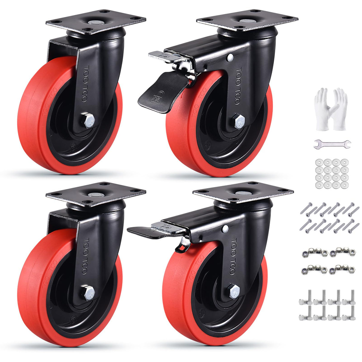 Heavy Duty TPR Rubber Wheels with Locking 5 Inch Caster Wheels Set of 4 3000Lbs Load Capacity Silent Swivel and Brake 360 Degree Casters Ideal for Industrial Carts Furniture Trolleys and Workbenches TOO TCO