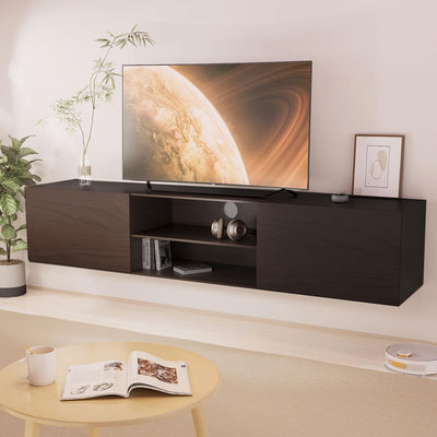 Floating TV Stand,70" Media Console for 60"70"80" tv,Entertainment Center with Storage, Mid Century Modern Wood tv shelf, 3 Cabinet tv Table,tv stand wall-mounted for Living Room (Dark Brown)