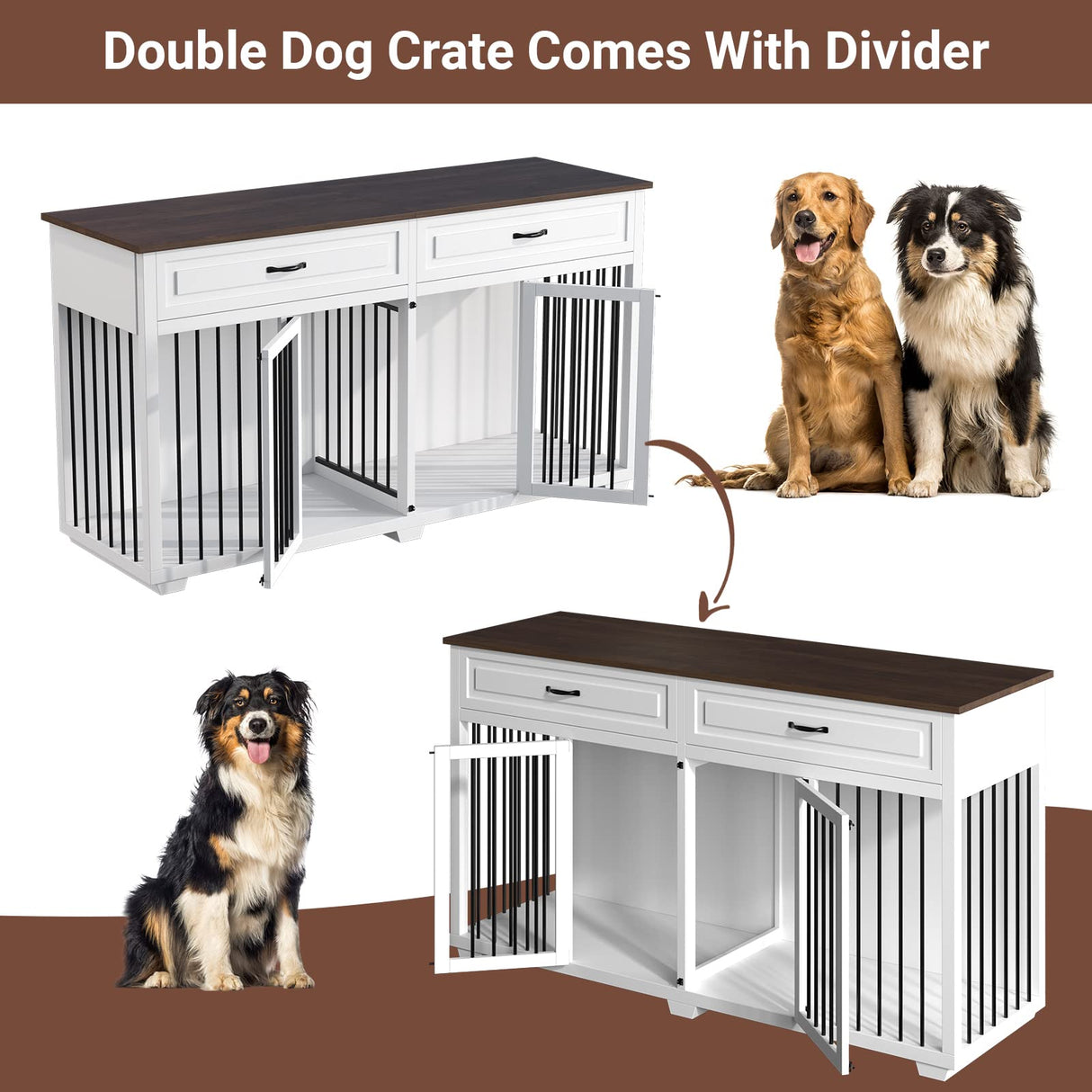 BTLCKVIN Large White Dog Crate with Removable Irons, XXL Size, Indestructible, Two Rooms Design, 72.4" x 22.4" x 34.1" BTLCKVIN