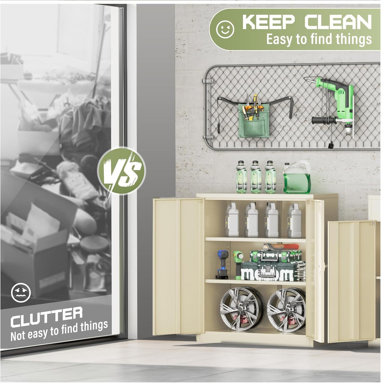 SUNCROWN Metal Storage Cabinets, 42”Locking Cabinet with Doors and Adjustable Shelves, Steel Utility Tool Garage Cabinets for Home, Office, Kitchen, Warehouse,Warm Grey SUNCROWN