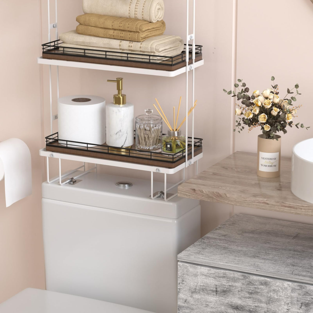 Acacia Bathroom Toilet Tank Tray, 13" Wood Toilet Paper Storage Basket Back of Toilet Basket Organizer, Vanity Tray for Perfume Makeup Candle Kitchen Counter Coffee Table Decor Focusonit