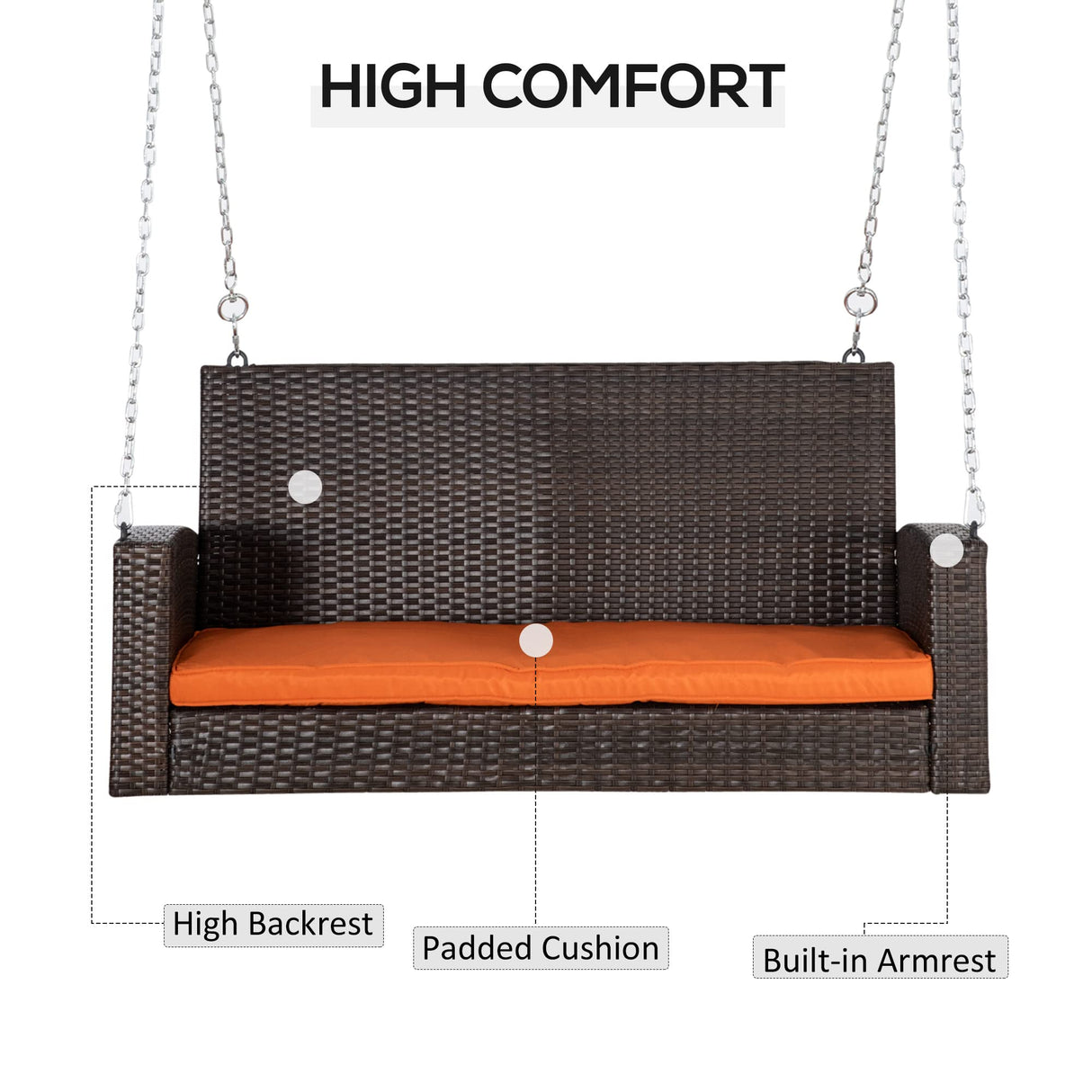 Outsunny 2 Person Wicker Hanging Swing Bench, Front Porch Swing Outdoor Chair with Cushions 550 lbs. Weight Capacity for Backyard, Garden, Orange Outsunny