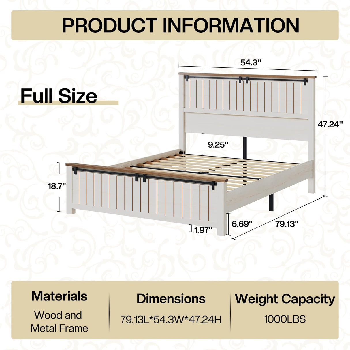 LUXOAK Farmhouse Full Size Bed Frame with 47" Tall Headboard, Wooden Bed Frame with Groove Sliding Barn Door Footboard, Platform Bed with Wood Slats Support, Noiseless No Box Spring Needed, White LUXOAK