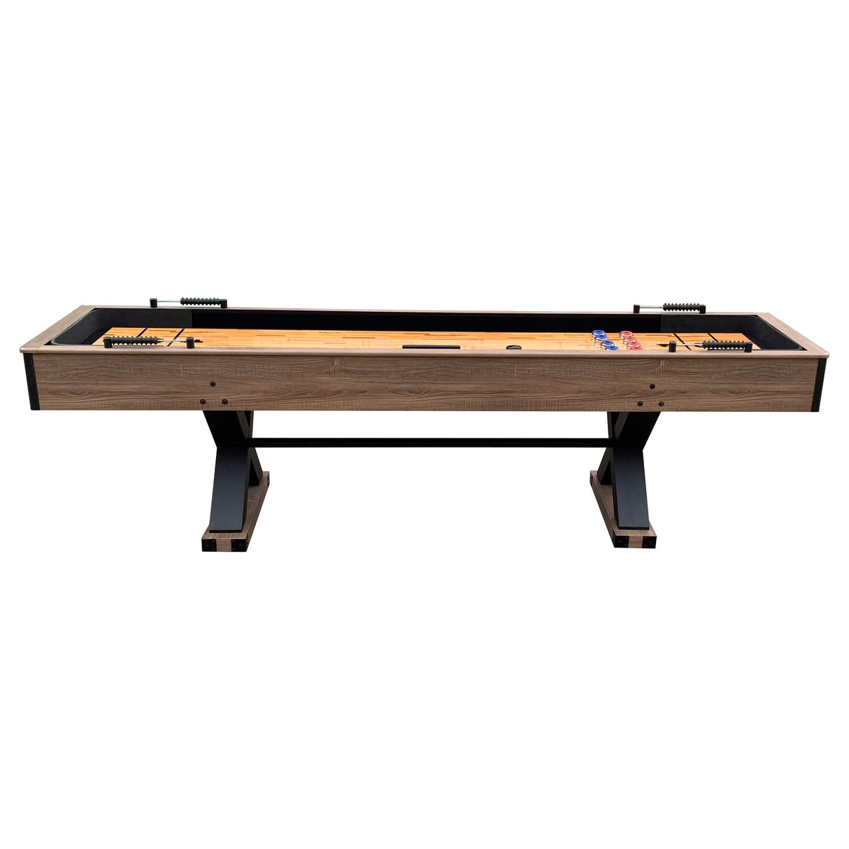 Hathaway Excalibur 9-Ft Shuffleboard Table for Great for Family Recreation Game Rooms, Designed with a Rustic Driftwood Finish with Built-In Leg Levelers, Includes 8 Pucks, Table Brush and Wax Hathaway
