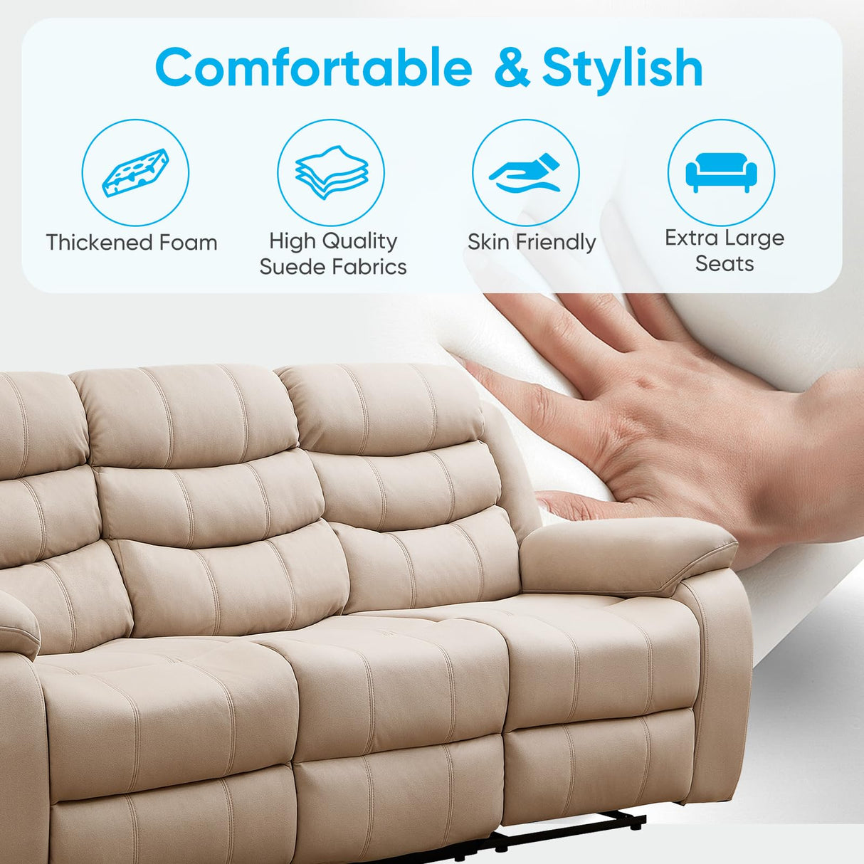 Mjkone Recliner Home Theater Seating, 3 Seater Power Reclining Sofa Chair, Manual Control Recliner Couch with Cup Holders & Flipped Middle Backrest & Table, Modern Couches for Living Room, Beige Mjkone