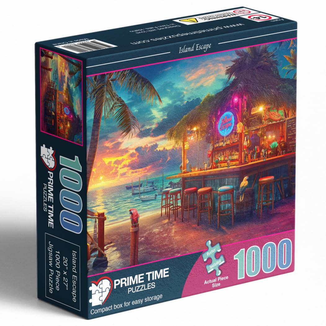 Prime Time Puzzles 1000 Piece Jigsaw Puzzle for Adults - Beach Bar at Sunset - Challenging Puzzle Perfect for Game Nights - 1000 Piece Puzzle for Adults. 20x27 inches(Island Escape) Prime TIme Puzzles