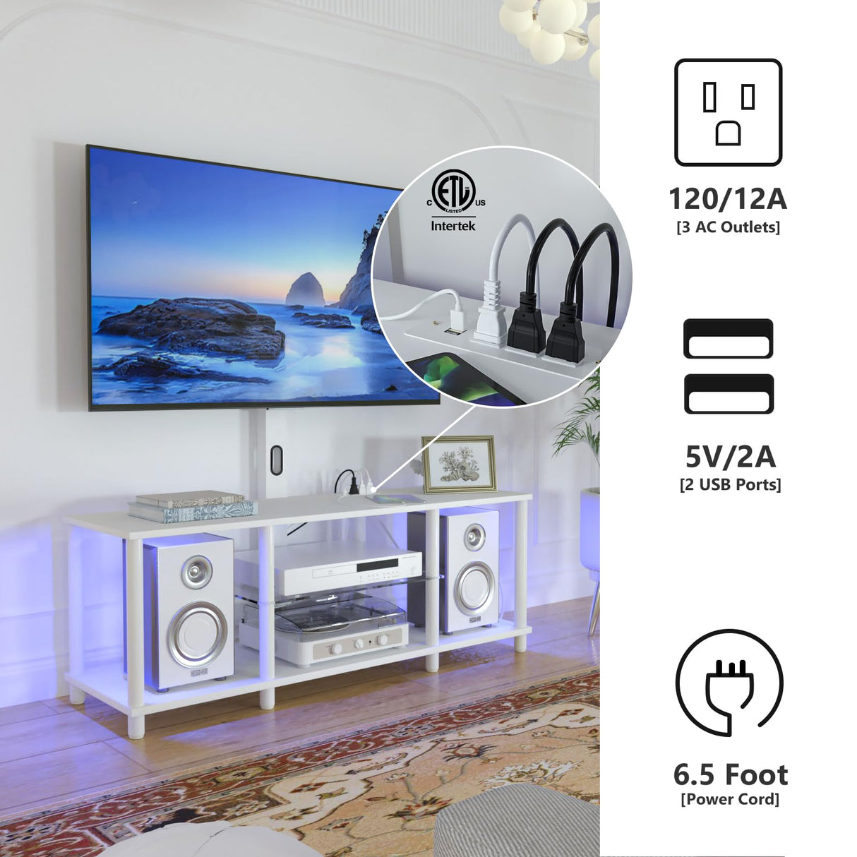 Lazyvan TV Stand with Mount and Led Light,White TV Stand with Power Outlets for 32/40/43/50/55/60/65/70 Inch TV,Entertainment Center with Open Storage Shelf for Bedroom/Living Room/Office Lazyvan