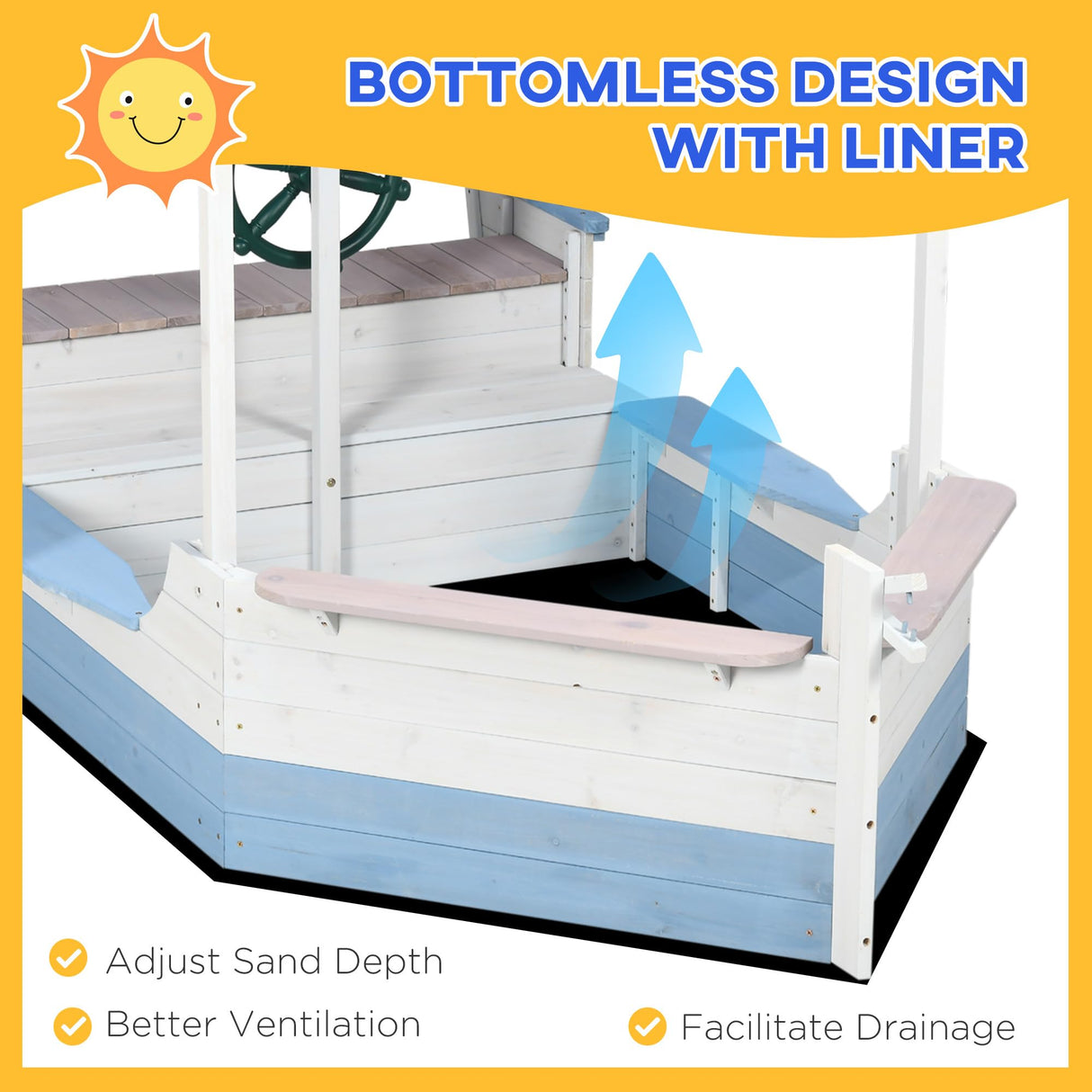 Outsunny Kids Sandbox with Canopy, Pirate Ship Wooden Sand Boxes with Bench for Backyard, Sand Pit for Toddlers, 83" x 43", Blue Outsunny