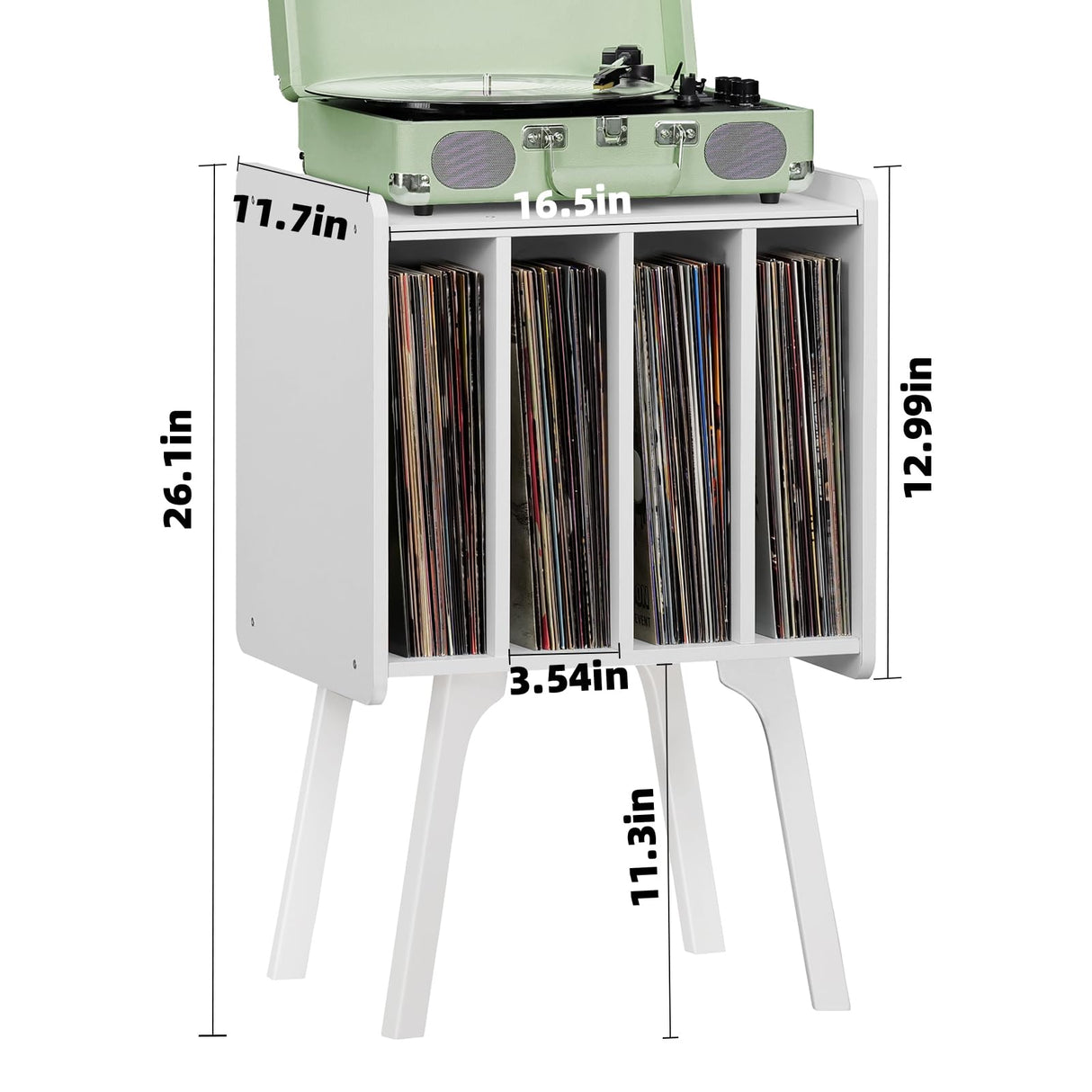Lerliuo Record Player Stand with Storage Holds Up to 80 Albums, Turntable Stand with Beech Wood Legs, Mid-Century Record Player Table,White Vinyl Holder Display Shelf for Bedroom Living Room Lerliuo