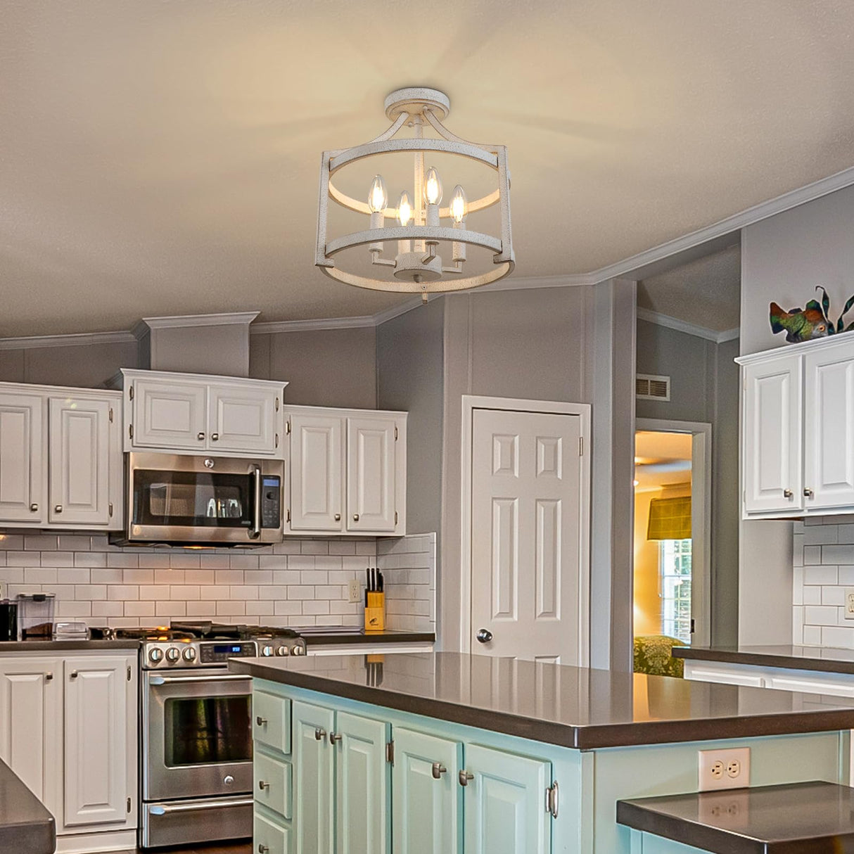 WBinDX 4-Light Farmhouse Chandelier, Distressed Hanging Pendant Lighting, Convertible Semi Flush Mount Ceiling Light Fixture Vintage White Metal Chandeliers for Dining Room Kitchen Foyer Entryway WBinDX