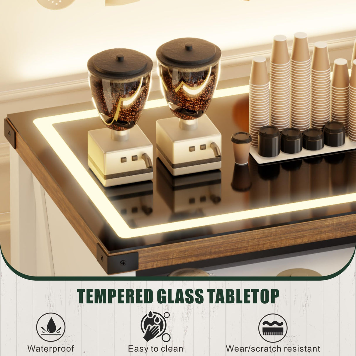 Farmhouse LED Storage Cabinet With Glass TOP,Smart Buffet Sideboard Cabinet with Charging Station,Standing Coffee Bar Cabinet With 2 Doors &Drawer for Bathroom,Kitchen,Living Room,Bedroom,White FREDEES