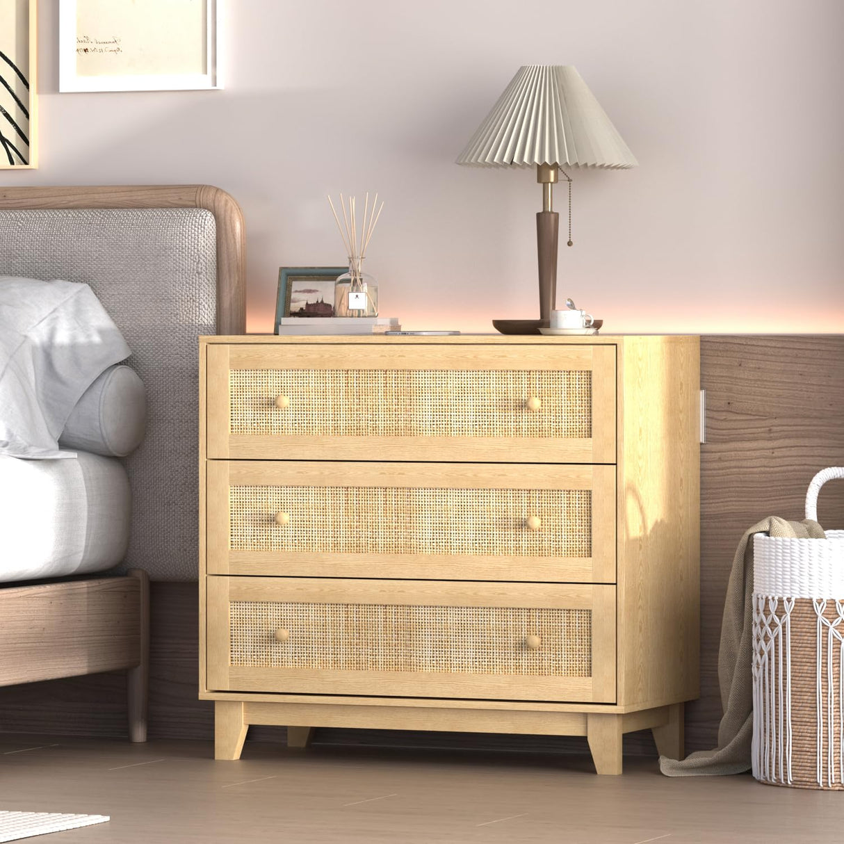 3 Drawer Rattan Dresser for Bedroom, Modern Natural Wooden Dresser, Beside Table for Closet, Boho Nightstand Chests of Drawers for Bedroom, Living Room, Entryway, Hallway yesasin