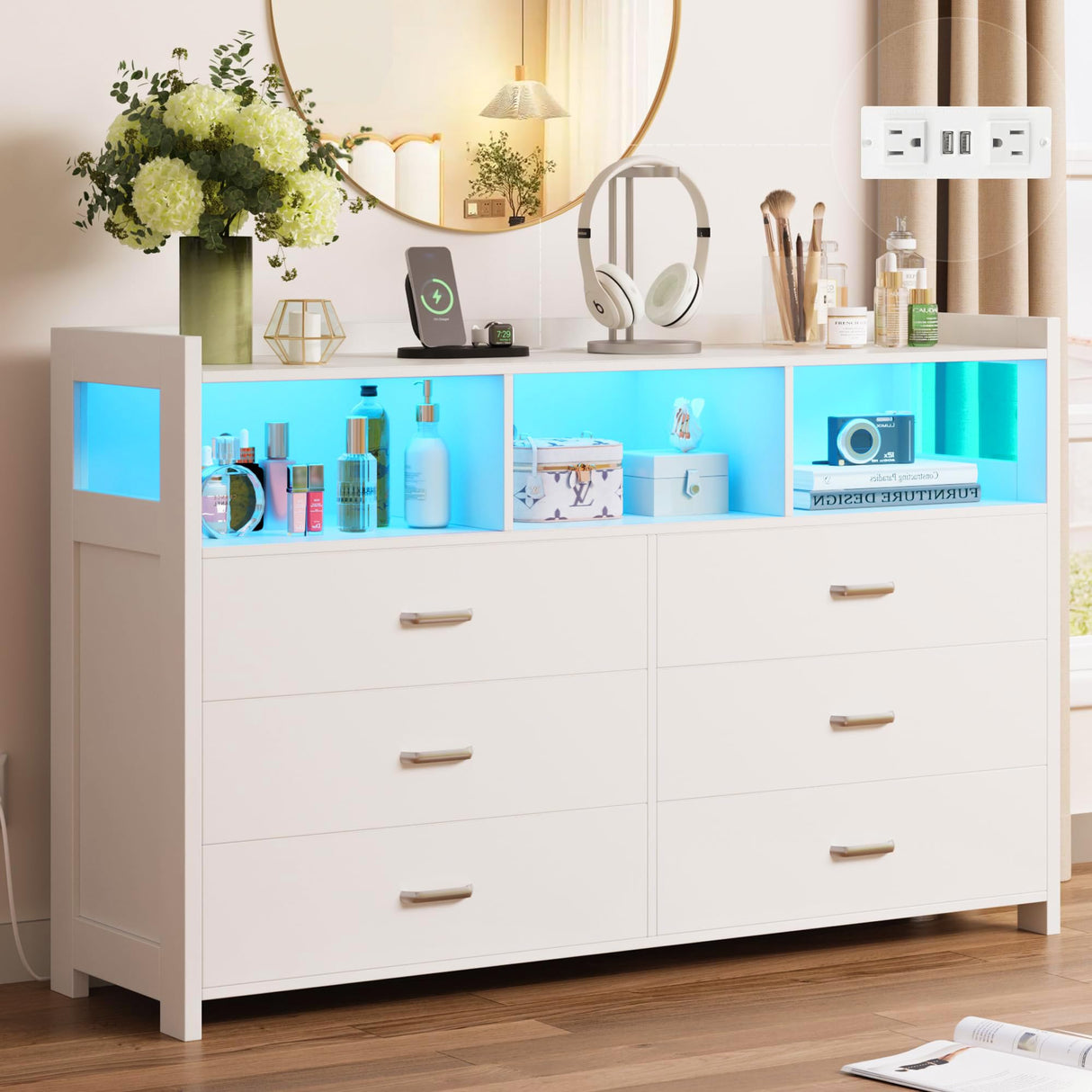 White Dresser for Bedroom with 6 Drawers, LED Dressers & Chests of Drawers with Power Strip, Modern Dressers Wide Storage for Bedroom Closet Whalefall