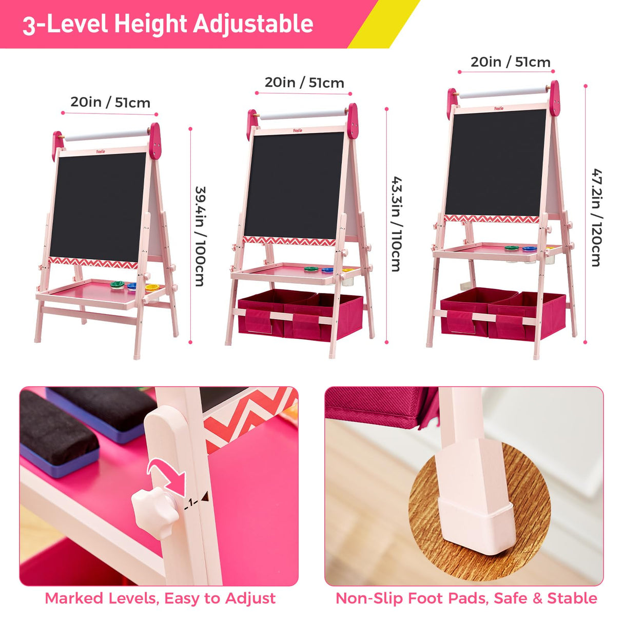 FUNLIO Kids Art Easel, 3 Height Adjustable for Kids Aged 2-8, Toddler Easel with Paper Roll, Anti-Warp & Magnetic Chalkboard/Whiteboard, All-in-One Standing Easel with Erasable Frame (Pink) FUNLIO