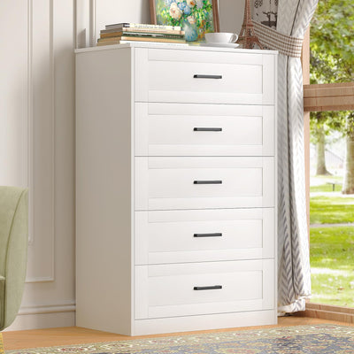 Frmobepts 5 Drawer Dresser for Bedroom, White Dresser with Deep Drawers, Modern Tall Dresser Farmhouse Wooden Dresser Chest of Drawers for Living Room, Hallway, Entryway