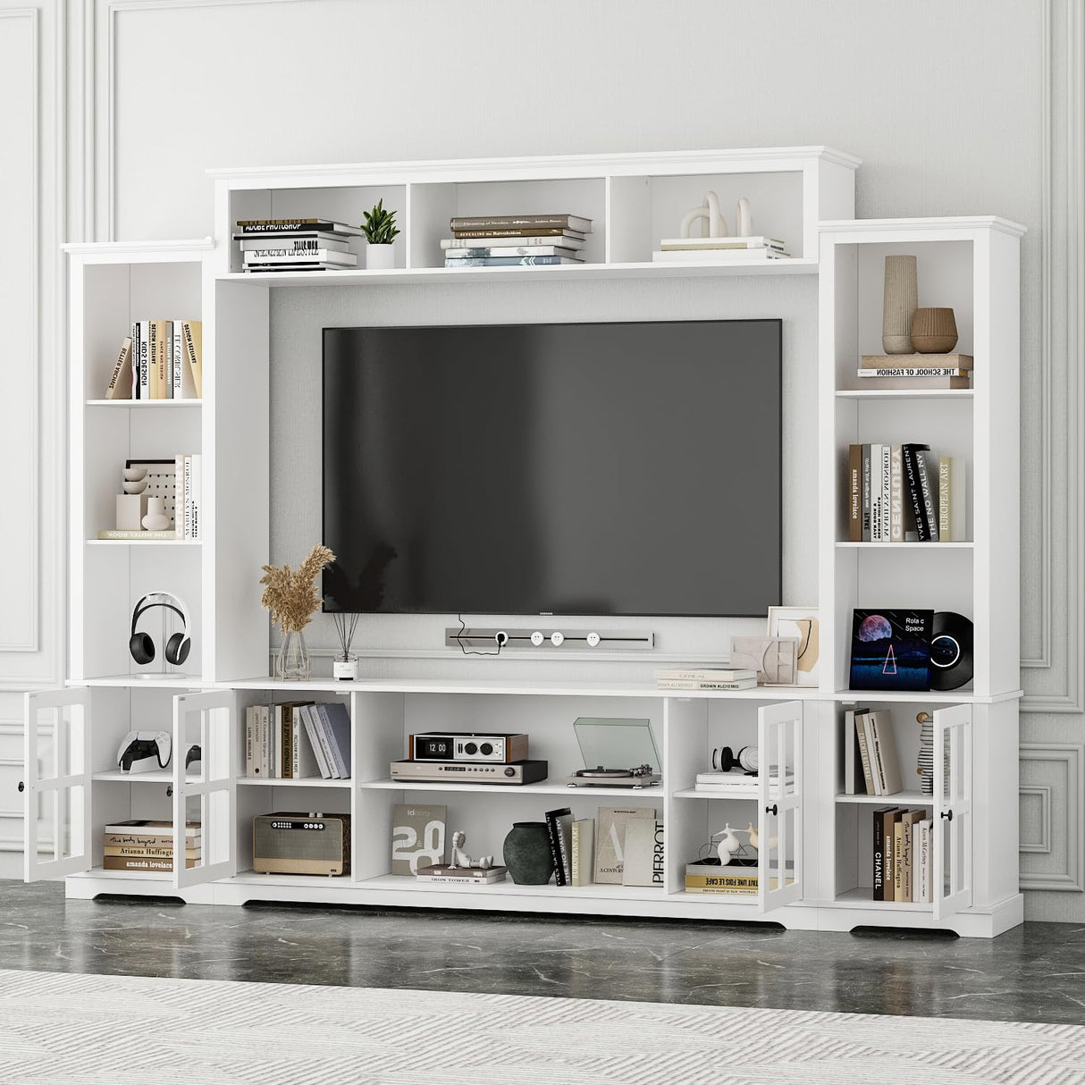 ROMSHINE Wall Unit Entertainment Center, TV Wall Units for Living Room with Storage, 102" W Large Farmhouse TV Stand with Glass Doors, Ajustable Bookshelf & Bridge for Bedroom, White ROMSHINE