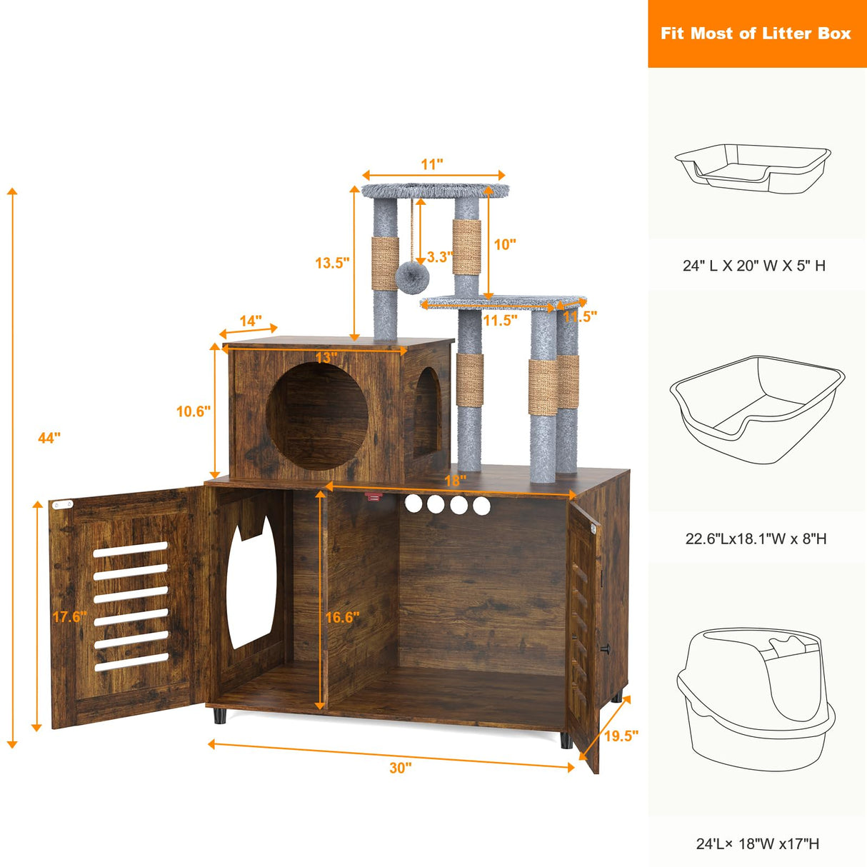 Cat Tree with Litter Box Enclosure, Cat Litter Box Enclosure with Scratching Post and Soft Plush Perch, Hidden Cat Washroom Furniture with Divider, All-in-one Cat Cabinet, Rustic Brown Ryvorbe