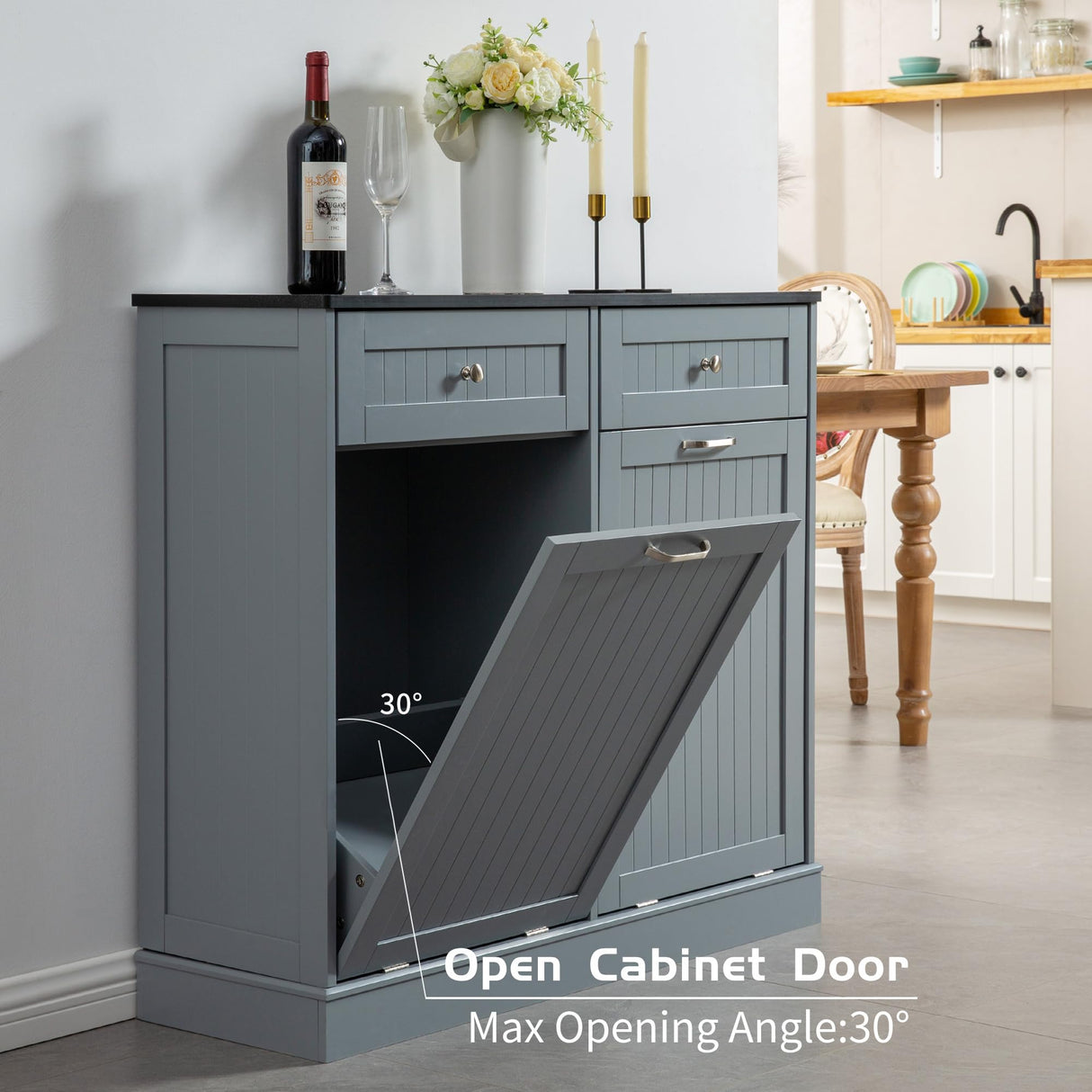 GAZHOME Double Tilt Out Trash Cabinet with Charging Station, Upgrade Wooden Trash Cabinet with Outlet,Recycling Cabinet with Hideaway Drawer,20 Gallon Tilt Out Trash Cabinet (Grey) GAZHOME