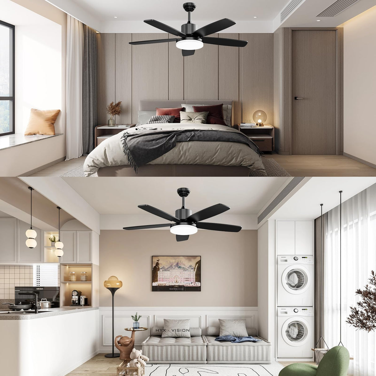 GHORA 52 Inch Ceiling Fans with Lights, Smart Ceiling Fan with Remote/APP/Alexa Control,Black Ceiling Fan with 6-Speeds Reversible Motor,WiFi Ceiling Fans for Bedroom,Farmhouse,Indoor/Outdoor GHORA