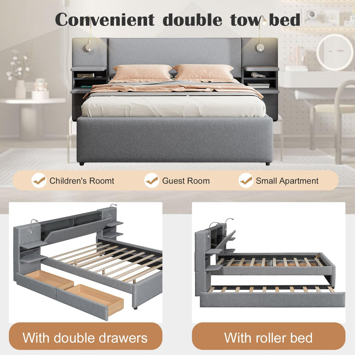 Luxury Queen Bed Frame,Queen Size Trundle Bed Frame with 2 Storage Drawers,Reading Lights, Storage Headboard,Storages Rack,Queen Size Linen Upholstered Platform Bed for Bedroom (Gray, Queen) Firscook
