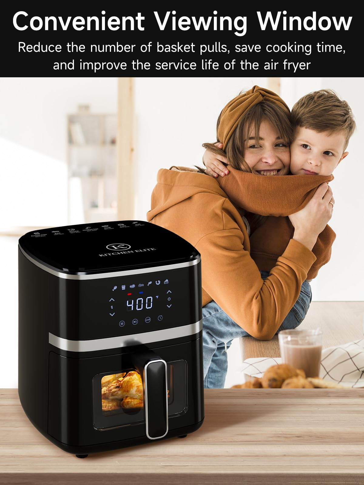 Kitchen Elite Air Fryer Oven 5.28 Qt, 7-in-1 Digital Display Compact Cooker with Easy View Windows,Space-saving, Nonstick and Dishwasher Safe Basket, Black Kitchen Elite