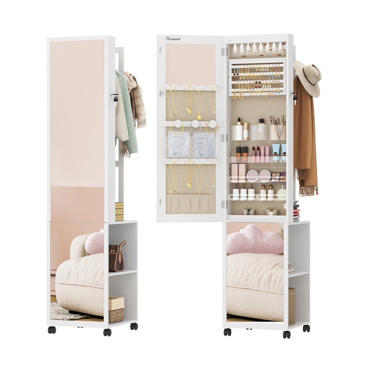 Hzuaneri 8 LEDs Jewelry Cabinet Armoire, 64.8-inch Jewelry Organizer with Garment Rack, Lockable Full-length Mirror with 4 Wheels, Storage Shelves with Hooks, 5-in-1, White and Beige JC17003BE Hzuaneri
