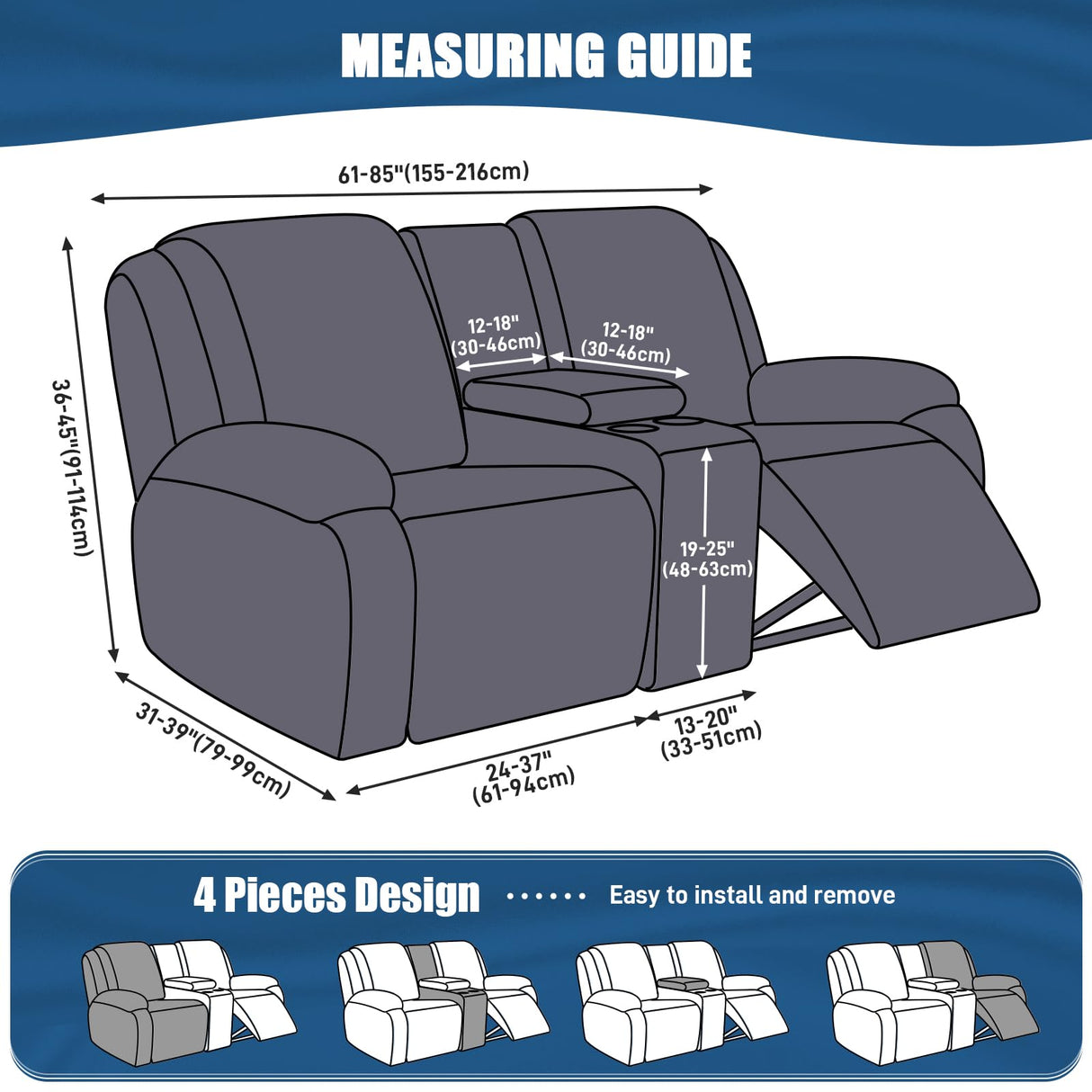 TAOCOCO Reclining Loveseat with Middle Console Slipcover, 4 Piece Polyester Fabric Stretch Loveseat Reclining Sofa Covers (Gray, 2 Seat Recliner Cover with Console) TAOCOCO