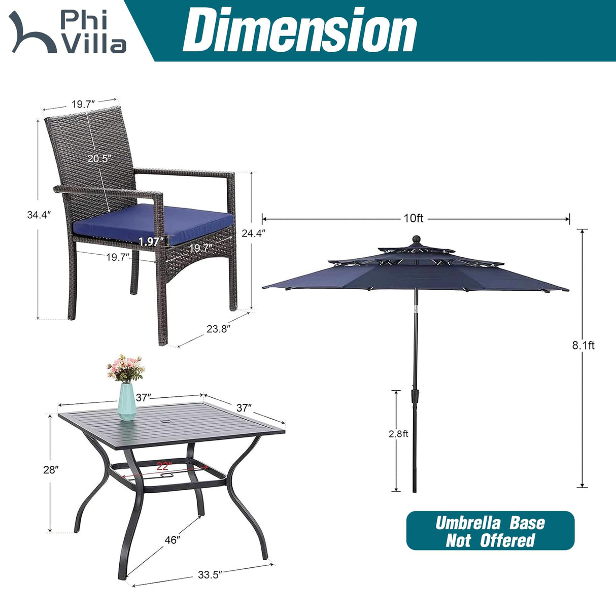 PHI VILLA 5 Piece Outdoor Dining Set with Umbrella, 37" Square Metal Dining Table & Cushioned Rattan Chairs with 10ft Blue Umbrella for Patio, Deck, Yard, Porch PHI VILLA