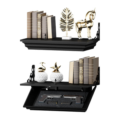 HNEBC 24" Compact Gun Shelf with Hidden Compartment, Floating Wall Mount Gun Rack for Living Room Decor, Solid Wood Concealed Furniture for Secure Gun Storage (Black)