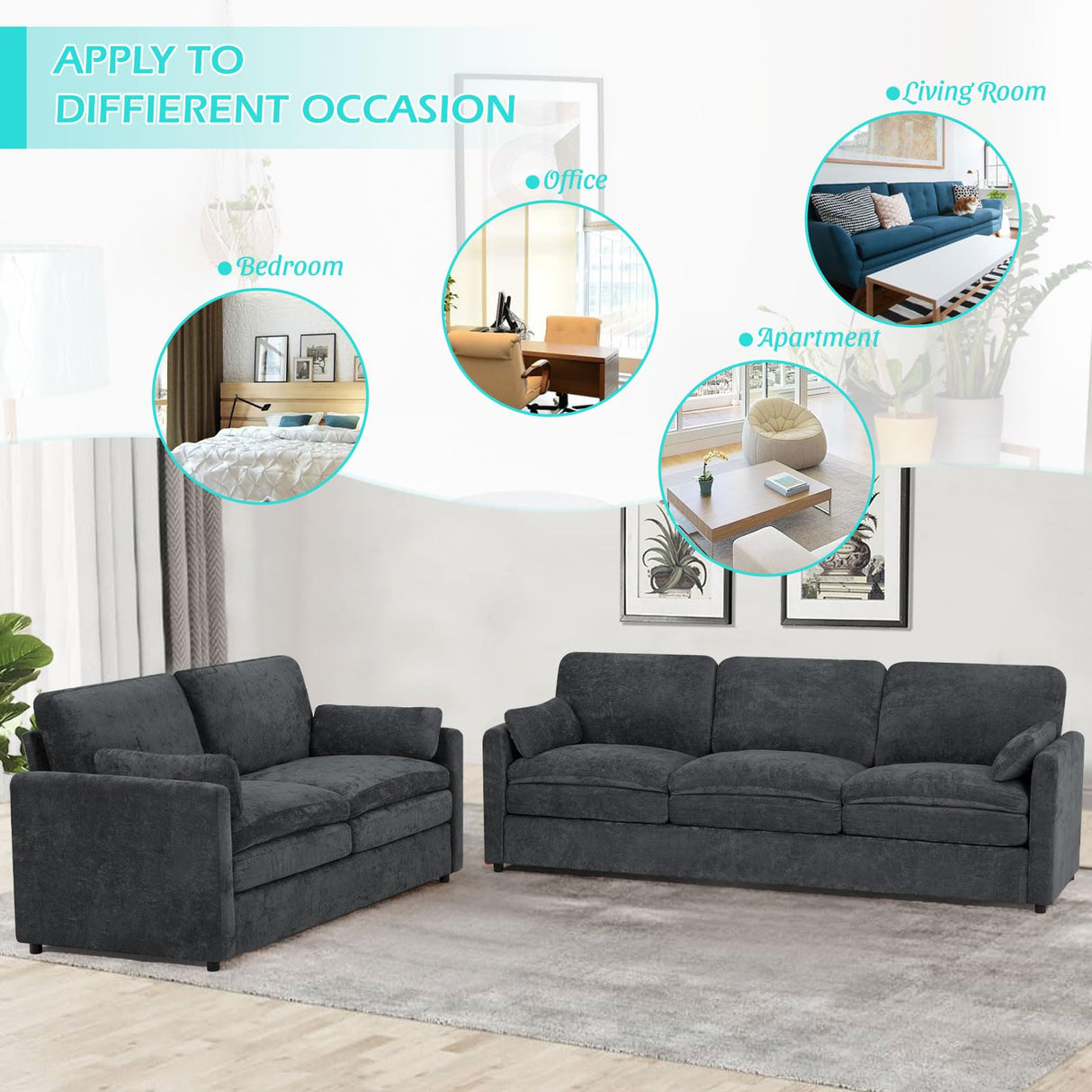 ACMEASE 69” Chenille Loveseat Sofa w/Arm Pillows, Upholstered 2-Seater Sofa w/Comfortable Back Cushions, Modern 2 Seats Couch w/High-Density Foam for Living Room, Apartment, Office, Grey ACMEASE