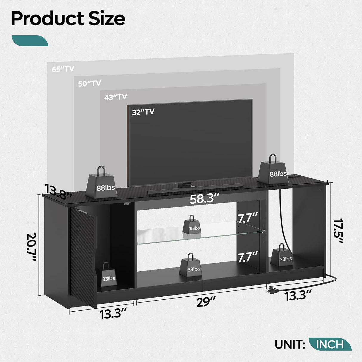 Bestier LED TV Stand with Power Outlets for 55/60/65 Inch TV, Gaming Entertainment Center with Cabinet for PS5, Modern TV Cabinet with Adjustable Glass Shelves for Living Room, Bedroom 58 Inch,Black Bestier