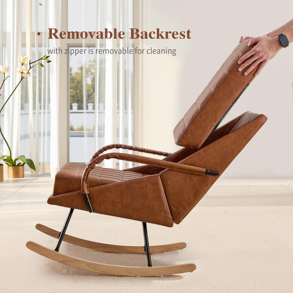 VECELO Rocking Chair Nursery, Over Size Leather Glider Rocker with High Backrest, Upholstered Removable Back, Brown VECELO