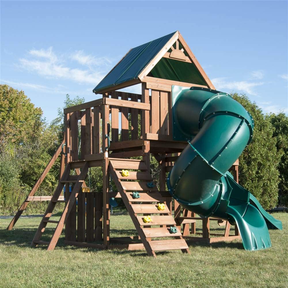 Swing-N-Slide WS 8359 Tellico Terrace Wood Swing Set with Two Slides, Climbing Wall & Swings, Brown Swing-N-Slide