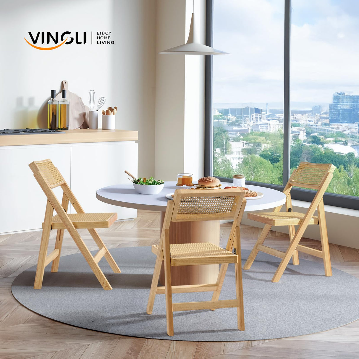 VINGLI Rattan Dining Chair, Wood Folding Chair with 360° Swivel Backrest, Rubberwood Frame and Rattan Woven Seat and Back, Natural Color, Set of 2 VINGLI