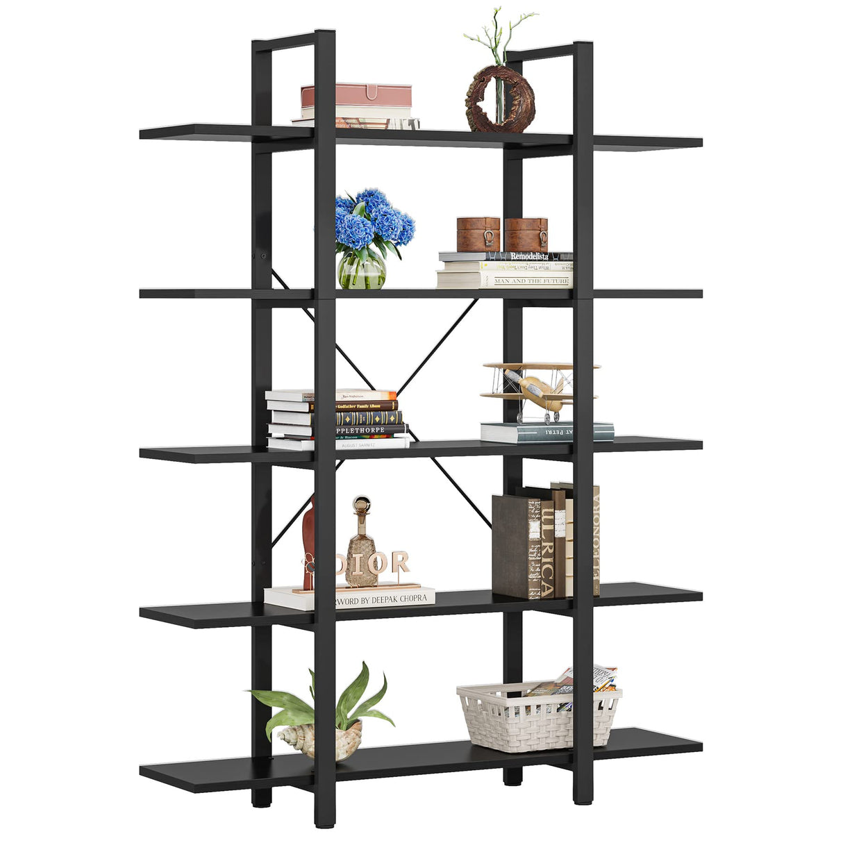 Tribesigns 5-Tier Bookshelf, Vintage Industrial Style Bookcase 72 H x 12 W x 47L Inches, Black Tribesigns