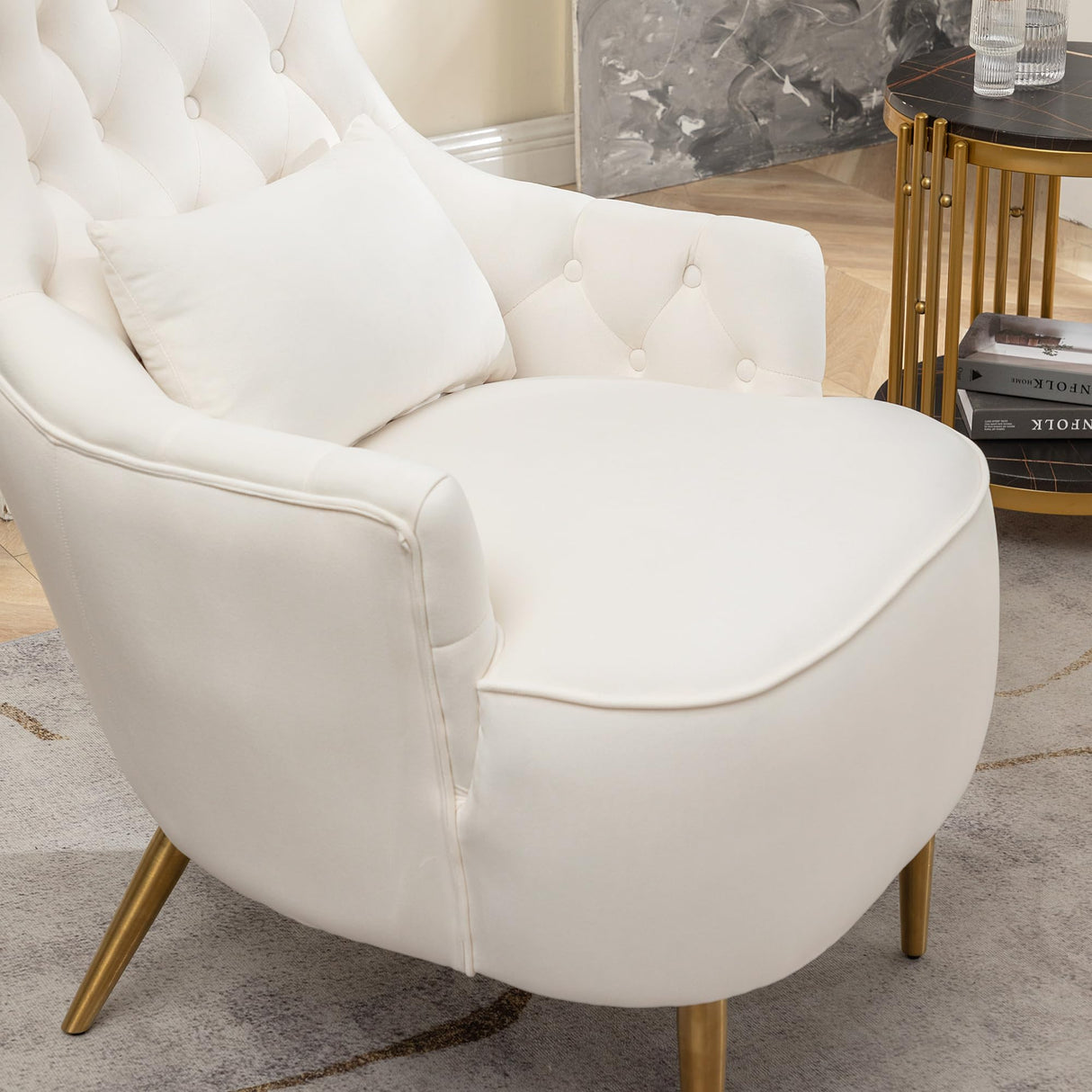 KINWELL 30" W Velvet Tufted High Wingback Chairs Set of 2, Mid Century Modern Accent Armchairs with Gold Metal Legs & Toss Pillow for Living Room Dining Bedroom Apartment, Cream KINWELL