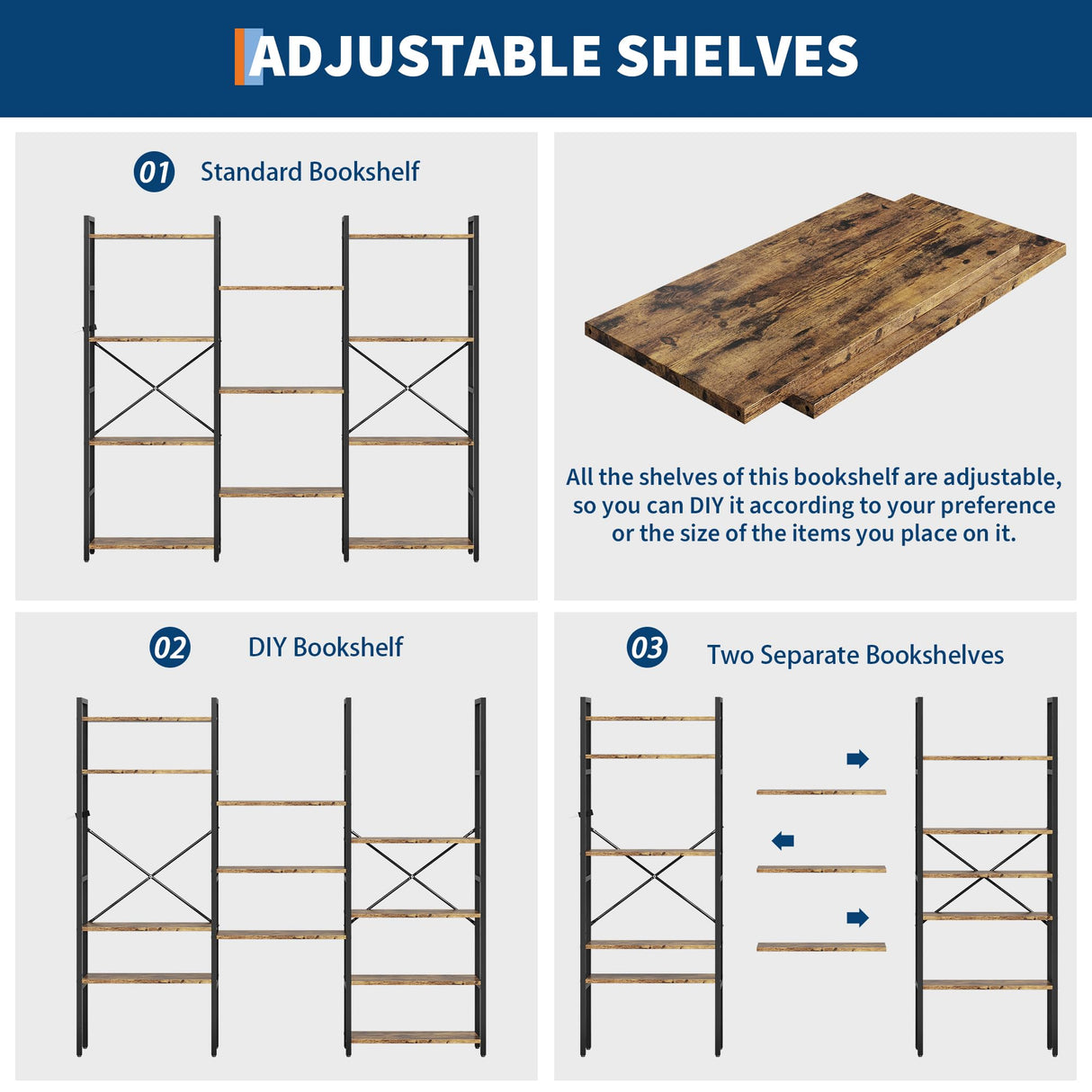 GarveeLife Industrial Large Bookcase, 4 Tier Book Shelf with Open Display Shelves, Large Wide Bookshelf, Tall Bookshelfwith Metal Frame for Living Room, Office, Rustic Brown GarveeLife