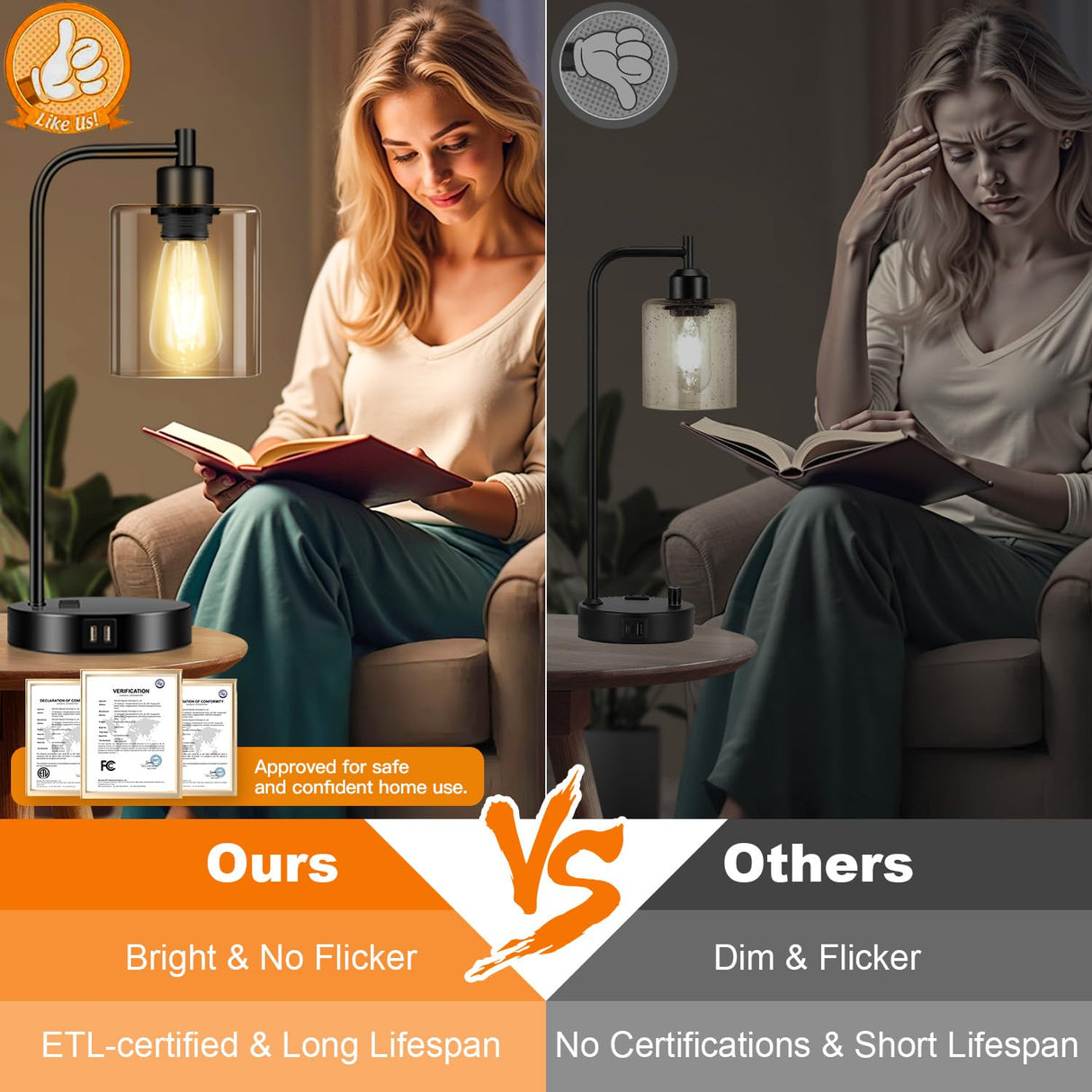 Set of 2 Industrial Touch Control Table Lamps with 2 USB Ports and AC Outlet - 3-Way Dimmable Black Bedside Lamps Nightstand Desk Lamps for Bedroom Living Room, Glass Shade & 2 LED Bulbs Included Nintiue