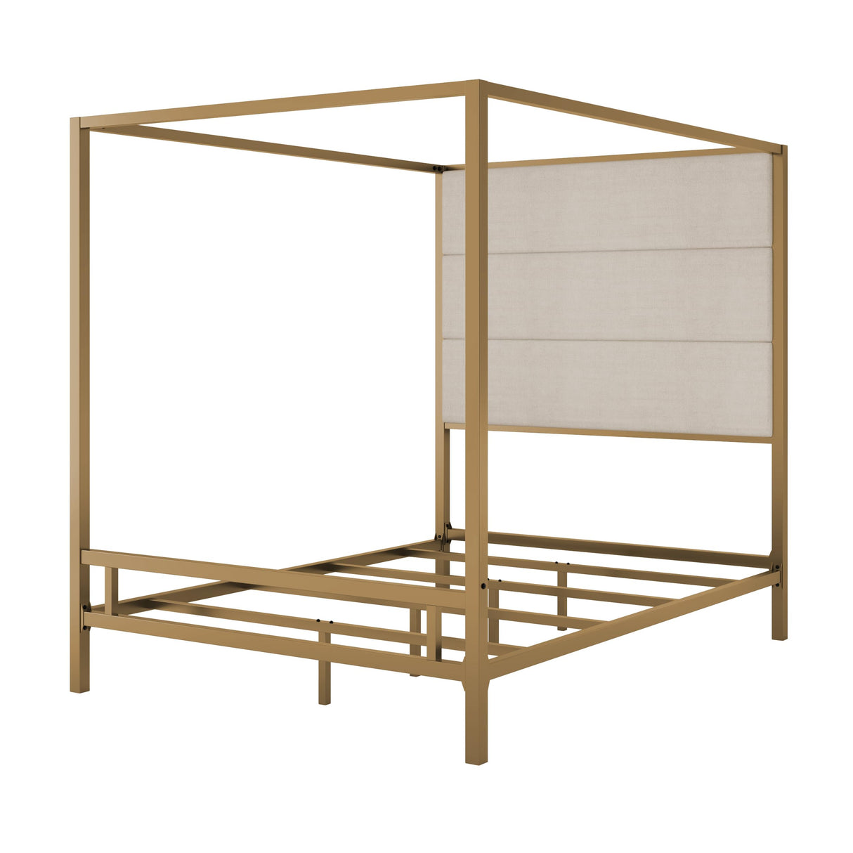 Queen Modern Canopy Bed Frame - Metal 4-Poster with Tall Linen Upholstered Headboard, Box Spring Required (Gold,Tan, Queen) BEDGJH