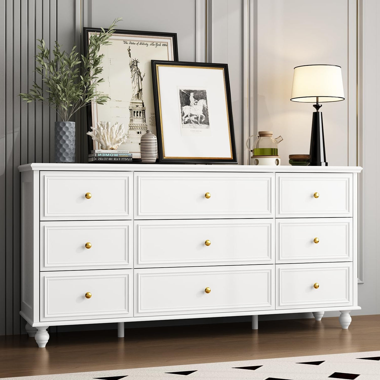 FUNISIR White Dresser 9 Drawer Dresser, Wood Bedroom Dresser, Chest of Drawers for Nursery Storage, Drawer Organizer with Easy Pull Handle for Living Room, Closet, Hallway FUNISIR