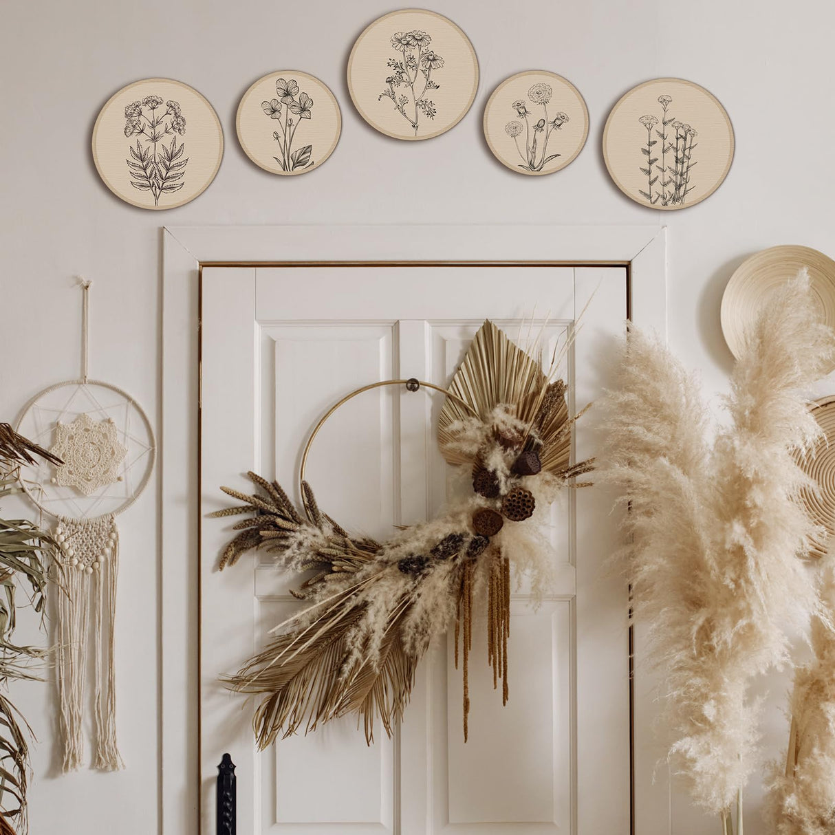 Qunclay 5 Pcs Wall Art Decor Wooden Living Room Wall Decor Bohemian Hanging Farmhouse Geometric 10'' and 8'' Aesthetic Wood Minimalist Posters for Bedroom(Floral) Qunclay