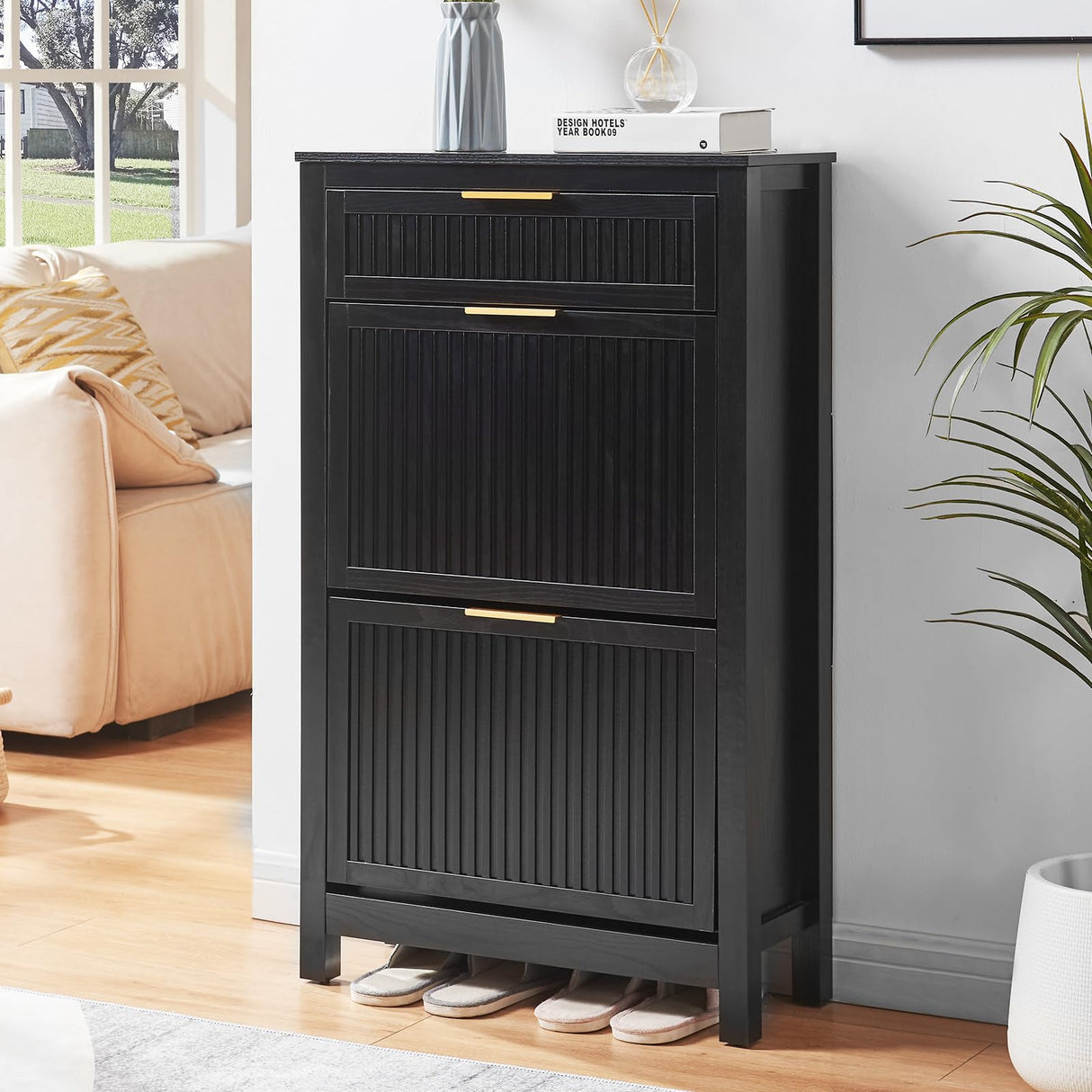 HUSHEDIFY 2 Flip Drawers Shoe Cabinet Storage for Entryway, Narrow Hidden Shoes Organizer for Front Door Entrance, Free Standing Shoes Cabinet Wooden Hallway Shoe Rack(Black) HUSHEDIFY