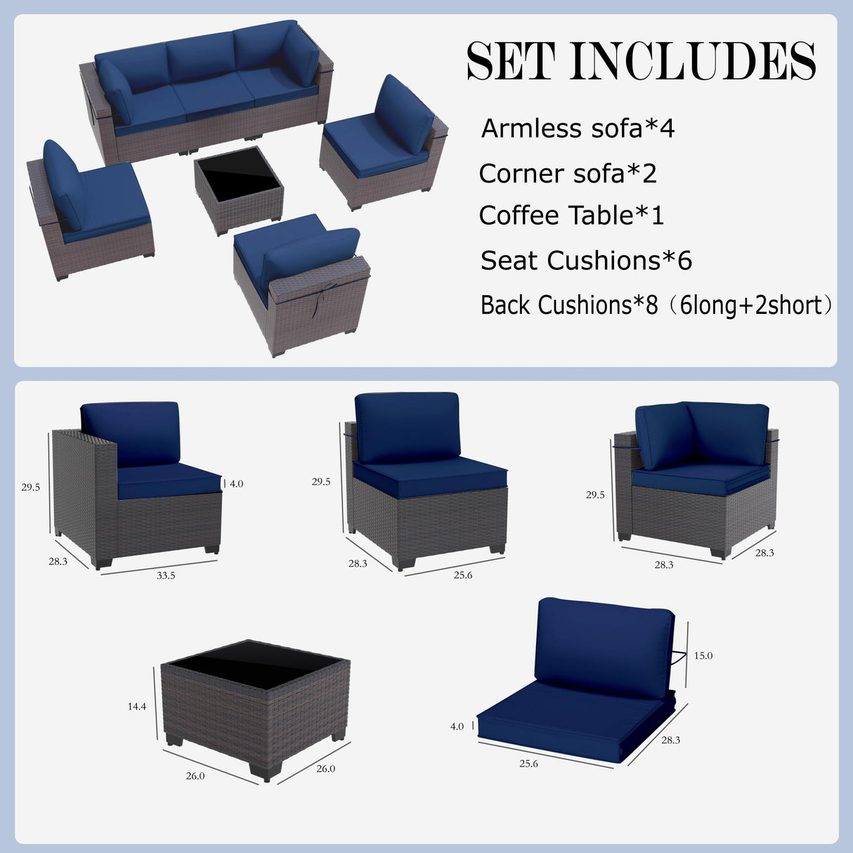 Gotland 7-Piece Outdoor Patio Furniture Set - All-Weather PE Rattan Sectional Wicker with Replaceable Navy Waterproof Cushions & Coffee Table Gotland