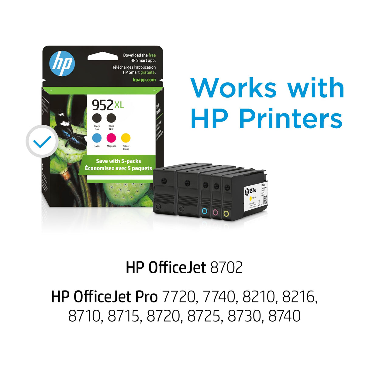 HP Original 952XL Black, Cyan, Magenta, Yellow High-Yield Ink Cartridges (5-Pack) | Works OfficeJet 8702 OfficeJet Pro 7700, 8210, 8700 Series | Eligible for Instant Ink | 6ZA00AN HP