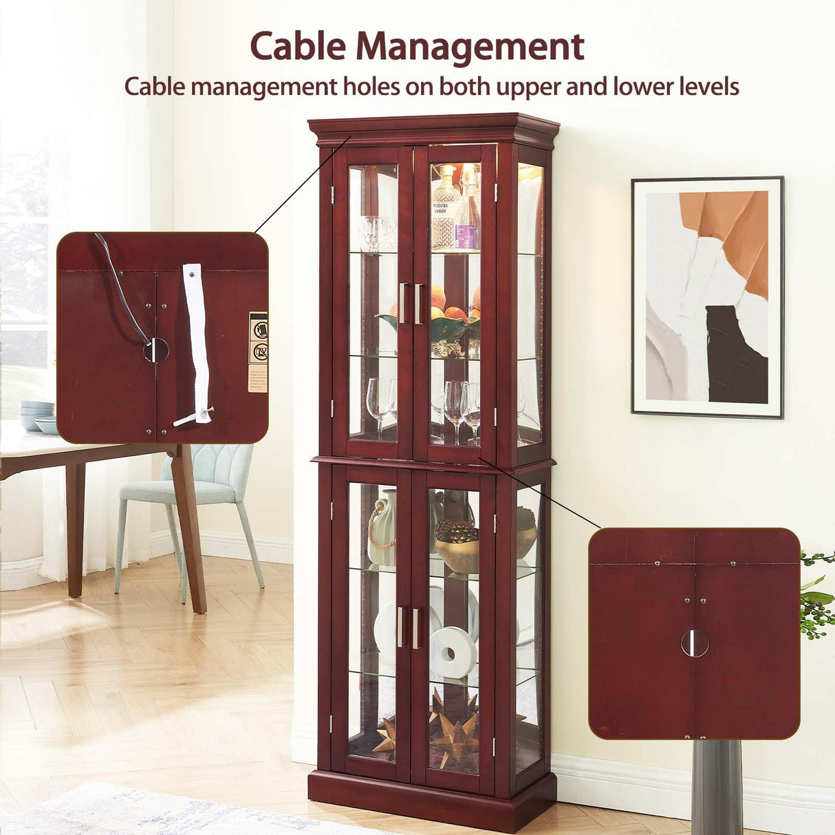 Curio Cabinet Wooden Display Cabinet,Curio Cabinet with Adjustable Glass Shelves Vintage, Lighted Curio Diapaly Cabinet,Vintage Accent Storage Cabinet with 6 Shelves,70" Curio Cabinet(Cherry) Firscook