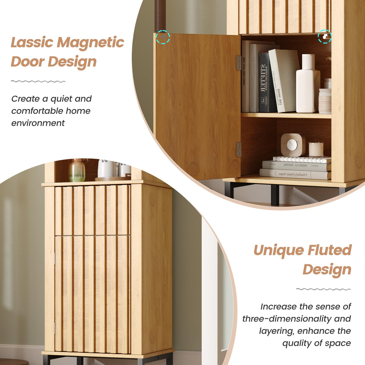 Maupvit 68" Tall Bathroom Storage Cabinet, Boho Wood Storage Cabinet Freestanding, Home Space Saving Organizer with Fluted Door & Drawer for Living Room, Dining Room, Kitchen, Utility Room Maupvit