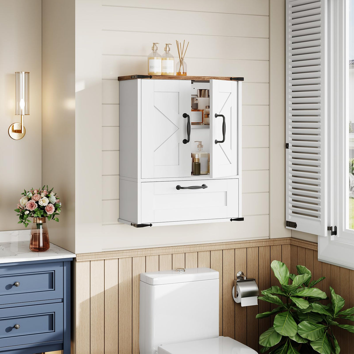 HOOBRO Farmhouse Wall Mounted Cabinet with Adjustable Shelf, Medicine Cabinet with Flip-Down Door, Over The Toilet Bathroom Organizer, for Small Bathroom, Kitchen, White and Walnut HOOBRO