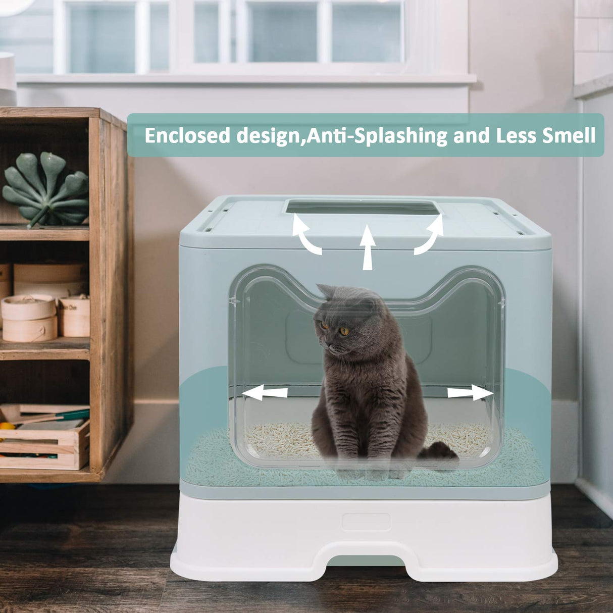 Foldable Cat Litter Box with Lid, Enclosed Potty, Large Top Entry Anti-Splashing Toilet, Easy to Clean Including Litter Scoop and 2-in-1 Cleaning Brush (Blue) fophop