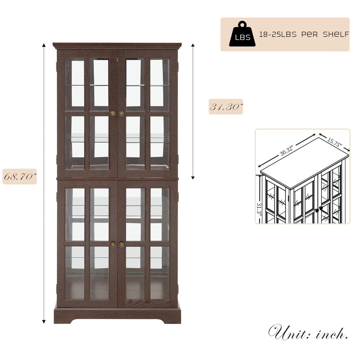 CKEASEAN Glass Display Cabinet, 69" H Curio Cabinet with Adjustable Shelves and 4 Glass Doors, Light Bulb Included, Elegant Antique Showcase, Rack for Living Room/Home Office (Dark Cherry) CKEASEAN